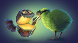Kiwi bird opening a treasure chest, Chompy from Cave Digger