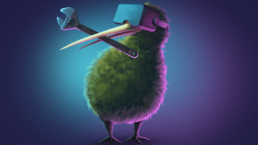 Kiwi with VR-goggles and a wrench.
