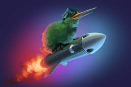 Kiwi bird flying a rocket